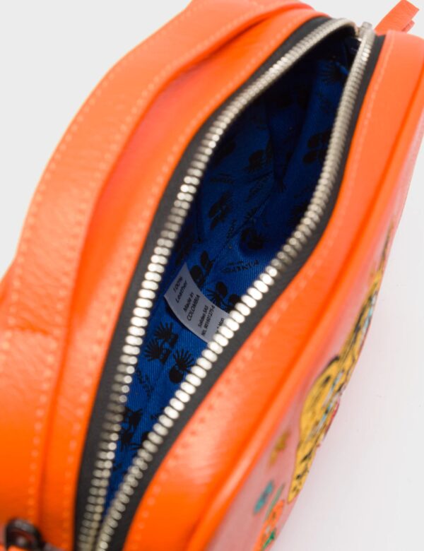 Verto Crossbody Vermillion Orange Leather Handbag - Tiger and Flowers Embroidery
