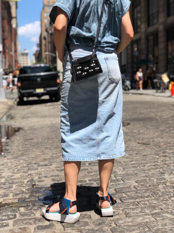 Vali Crossbody Micro Black Leather Bag - Eyes Applique Adjustable Handle