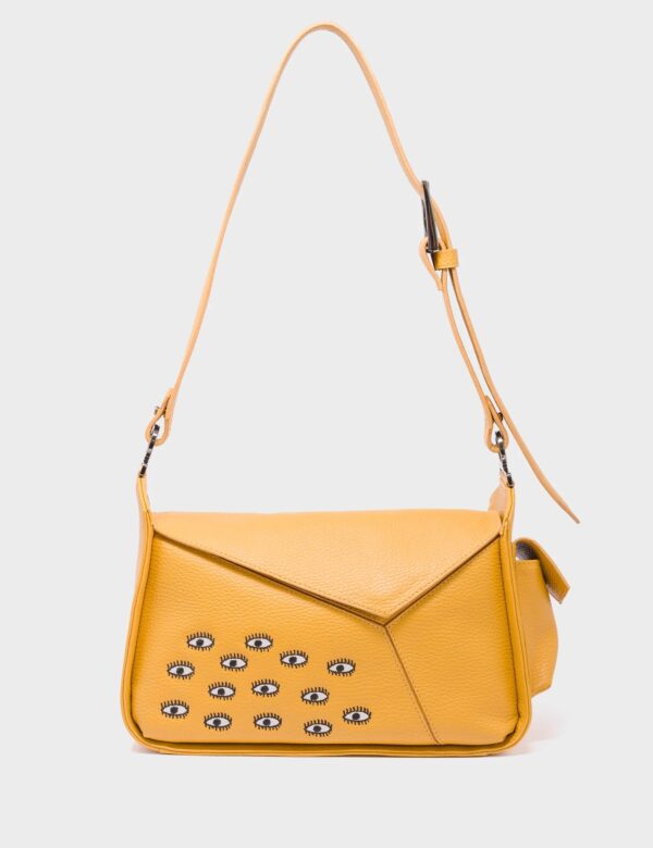 Houston Golden Glow Leather Shoulder Bag - All Over Eyes Embroidery